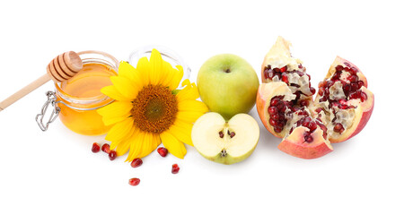 Sweet symbols of Rosh hashanah (Jewish New Year) on white background