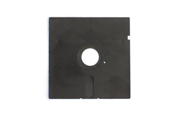Old black diskette 5.25 inches for vintage computer isolated on white background.