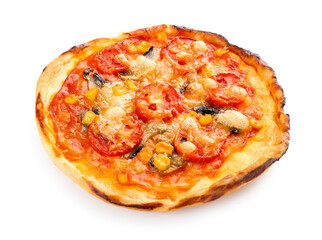 Tasty mini pizza on white background