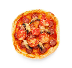 Tasty mini pizza on white background