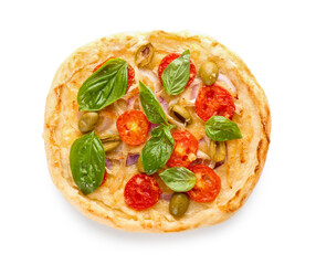 Tasty mini pizza on white background