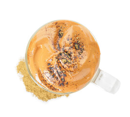 Glass cup of tasty dalgona hojicha latte an powder on white background