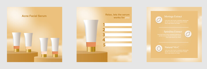 Minimal modern beauty fashion cosmetic social media square post in sand gold color. Suitable for product knowledge, display, price, catalog tips template with sky cloud elements