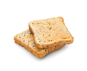 Tasty toasted bread with honey on white background