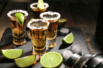 Shots of tasty tequila with lime on table