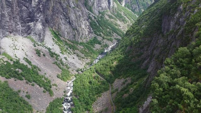 High altitude aerial in dramatic landscape Mabodalen valley with rv7 to Hardangervidda and Oslo far down below - Aerial Norway