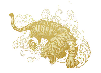 Illustration of golden tiger and waves