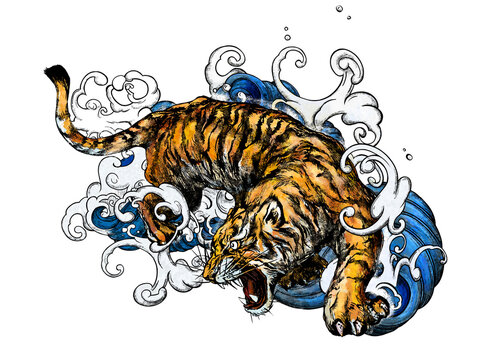 Asian style illustration of tiger and waves