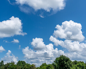 White cotton like puffy cumulus clouds against a blue sky with the suns rays shining.