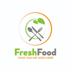 Obraz premium Plate, knive, spoon, fork, and Leaves image graphic iconc logo design abstract concept vector stock. Can be used as a button related to vegetarian restaurant or food