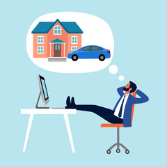 Businessman dream for house and car in flat design. Man desire successful life.