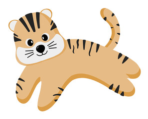 Cute cartoon tiger cub. Cute character, funny tiger. Vector flat hand-drawn doodle style. For children's decor, children's room design, banner, logo, pattern, sticker. Print