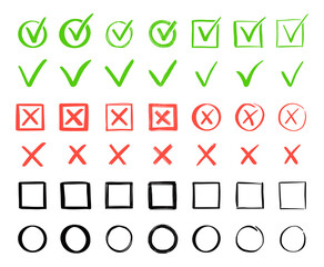 Green check and red cross mark set. Hand drawn doodle sketch style. Vote, yes, no drawn concept. Checkbox, cross mark with square, circle element. Vector illustration.