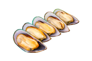 5 fresh peeled New Zealand mussels arranged isolated on a white background. popular seafood. Large...