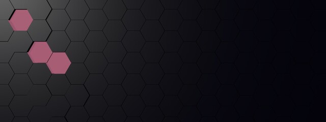 Hexagonal grid surface. Geometry pattern. Abstract black hexagon background. 3D rendering image
