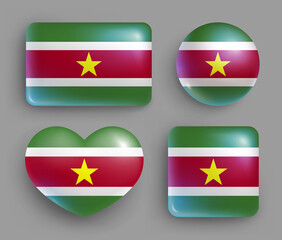 Set of glossy buttons with Suriname country flag. South America country national flag, shiny geometric shape badges. Suriname symbols in patriotic colors realistic vector illustration