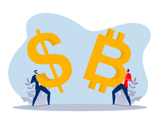 businessman holding a dollar and bitcoin coin for invest currency . flat vector character illustration.