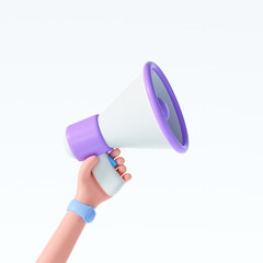 3D Cartoon hand holding megaphone on isolated white background with copy space. 3d render illustration - obrazy, fototapety, plakaty