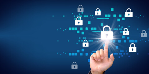 Businessman with protective gesture Lock icon to protect the security, copy space, Cyber security, Data protection