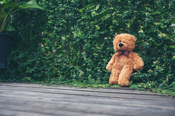 Smiling Teddy bear best friends toy for kids. Adorable Fluffy Brown Teddy Bear happy in green park....