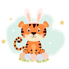 Fototapeta na wymiar cute tiger. Tiger with Easter bunny ears sits in Easter eggs. Vector illustration for childrens collection, postcards, decor and prints