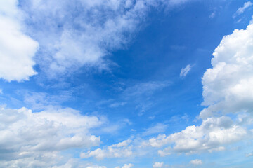 Blue sky fluffy white clouds on summer season bright clear skyline with beautiful cloudscape. Panorama blue sky clouds pattern on daylight with copy space. Cumulus cloudscape air climate sunny day
