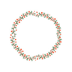 Frame made of spruce, fir, pine and rowan berries. Hand drawing. Illustration. Christmas card.
