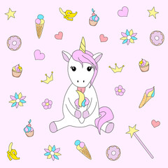 Cute baby unicorn vector illustration in pastel rainbow colors. cartoon style. Hand drawing. Cute animal.
