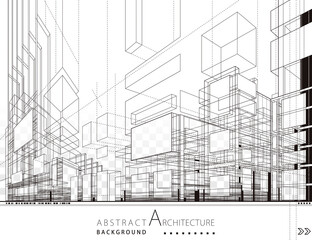 Fototapeta 3D illustration linear drawing. Imagination architecture urban building design, architecture modern abstract background.  obraz