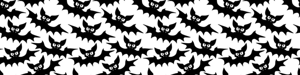 Flying bats seamless pattern. Cute Spooky vector Illustration. Halloween backgrounds and textures in flat cartoon gothic style. Black silhouettes animals on sky.