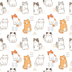 Seamless Pattern with Cartoon Cat Illustration Design on White Background