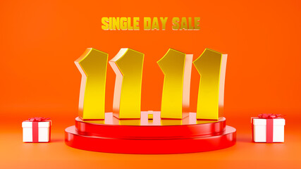 11.11 Single day sale. Banner 11 number on podium scene with gift box on red background, banner template design for social media and website, Sale promotion super shopping day concept, 3D illustration