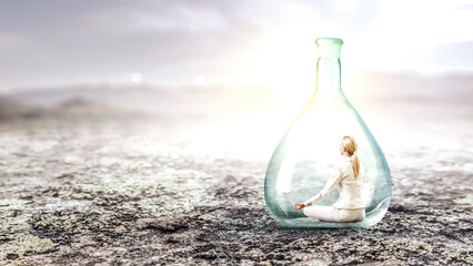 Business woman doing yoga in lotus pose inside glass bottle . Mixed media