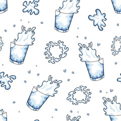 Seamless pattern of a glass of water with splashes. white background. Hand drawing. Vector illustration in a cartoon style.