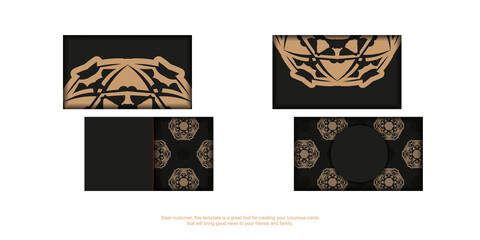 Business card template in black color with light brown mandala pattern