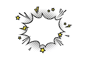 Foto auf Alu-Dibond Comic boom speech bubble with lightnings, stars and halftone. Puff shape for surprising and explosive events. Vector illustartion isolated in white background © liu_miu