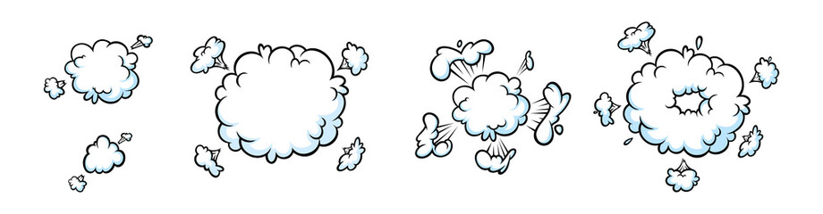Surprising boom clouds for sales and promotions. Puff and pow smoke shapes for surprises and bursting events. Vector illustration isolated in white background