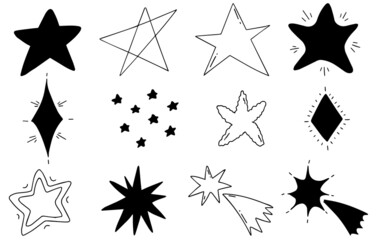 Набор черных нарисованных от руки каракулевых звезд.