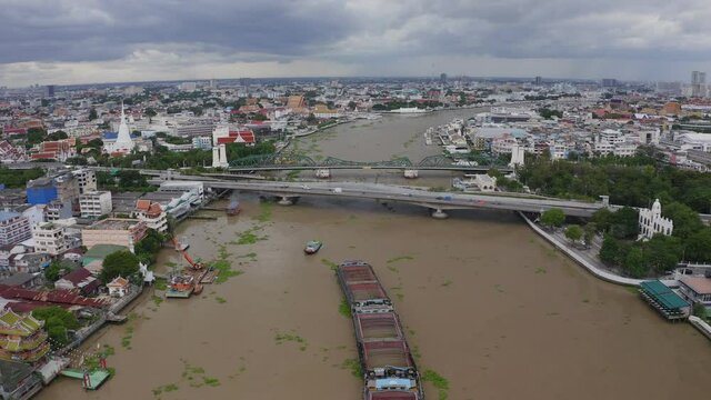 Aerial view Phra Phuttha Yodfa Bridge, Memorial Bridge Bangkok Thailand; Aerial view on the Chao Phraya Rive