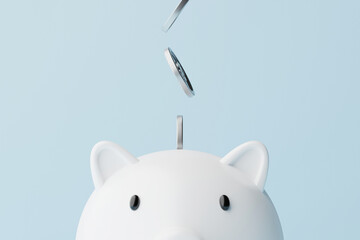 Save money and investment concept. Closeup piggy bank and silver coins falling. 3d rendering...