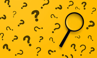 Magnifying glass and question mark sign on yellow background. Searching information data on...