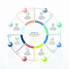Basic circle infographic template with 8 steps, process or options, process chart, Used for process diagram, presentations, workflow layout, flow chart, infograph. Vector eps10 illustration.