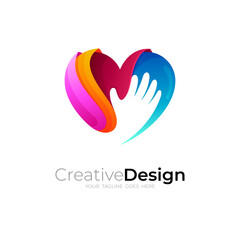 Charity logo with love design illustration, hand and heart logos