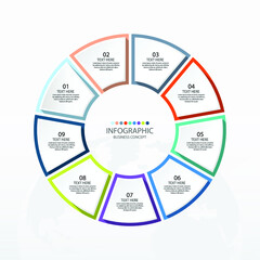 Basic circle infographic template with 9 steps, process or options, process chart, Used for process diagram, presentations, workflow layout, flow chart, infograph. Vector eps10 illustration.