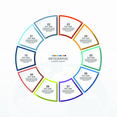 Basic circle infographic template with 10 steps, process or options, process chart, Used for process diagram, presentations, workflow layout, flow chart, infograph. Vector eps10 illustration.