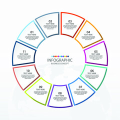 Basic circle infographic template with 11 steps, process or options, process chart, Used for process diagram, presentations, workflow layout, flow chart, infograph. Vector eps10 illustration.