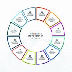 Basic circle infographic template with 12 steps, process or options, process chart, Used for process diagram, presentations, workflow layout, flow chart, infograph. Vector eps10 illustration.