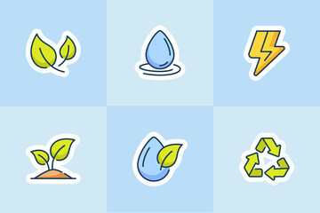 ecology icons set collection package blue isolated background with modern cartoon flat style