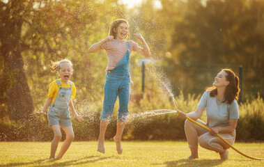 Fototapeta premium Happy family playing in backyard