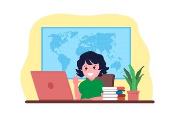 Online distance learning. The girl studies with books and a computer online from home. Back to school concept. Vector illustration in a flat style.